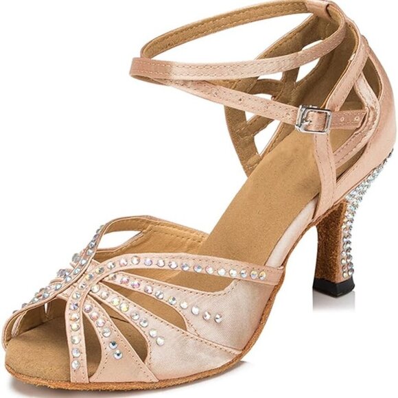 Women Ballroom Dance Shoes Satin Rhinestone 2.5inch Heels for Latin Salsa Perfor